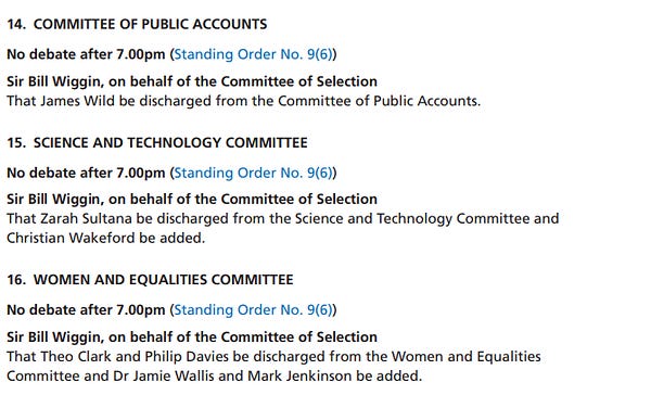 Snap shot of Commons Order Paper for 29 November 2022, showing that the House will consider that evening discharging Zarah Sultana MP from the Science and Technology Committee and adding Christian Wakeford MP.