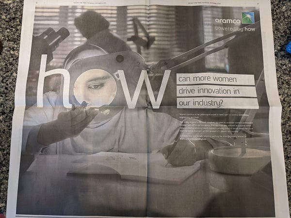 Double-page greenwashing propaganda from Saudi Aramco