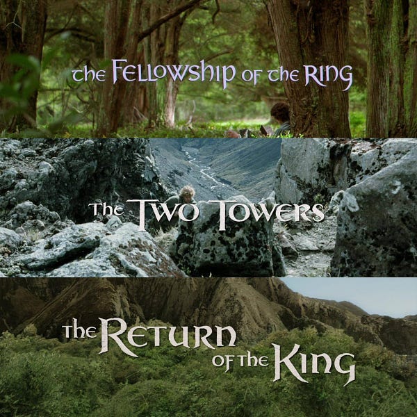 the titles of all three lord of the rings movies from when they appear in the films