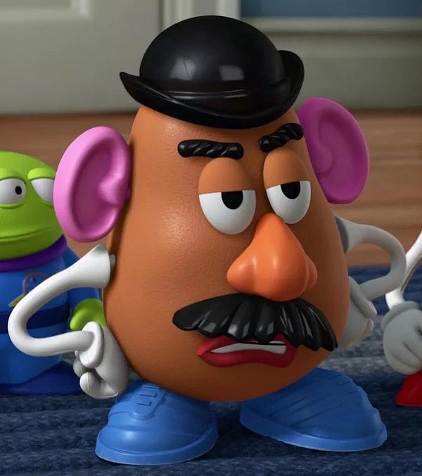 Mr potato head from Toy Story, looking annoyed
