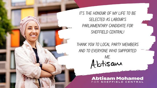 It's the honour of my life to be selected as Labour's Parliamentary candidate for Sheffield Central! Thank you to local party members and to everyone who supported me. Abtisam.
Abtisam Mohamed for Sheffield Central