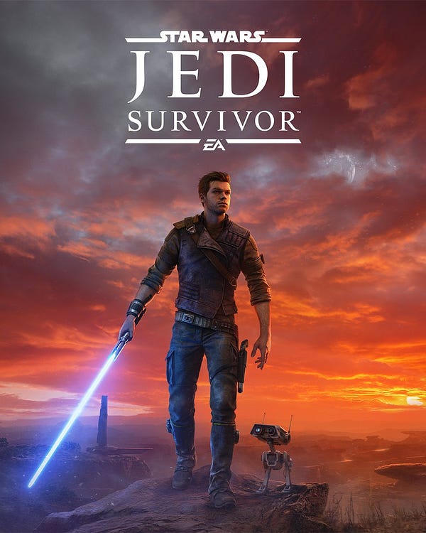 Star Wars Jedi: Survivor art featuring Cal Kestis gazing off into the distance with a lightsaber in hand and BD-1 by his side. 