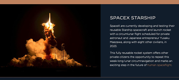 Screenshot of webpage showing an exploding Antares rocket and captioned "SpaceX Starship"