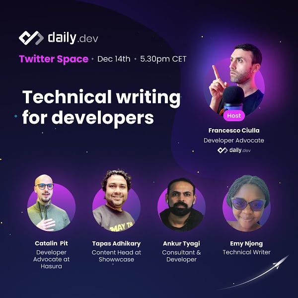 daily.dev Twitter Space - Dec 14th - 5.30pm CET - Technical writing for developers - Catalin Pit - Developer Advocate at Hasura - Tapas Adhikary - Content Head at Showwcase - Ankur Tyagi - Consultant & Developer - Emy Njoing - Technical Writer - Host: Francesco Ciulla - Developer advocate at daily.dev