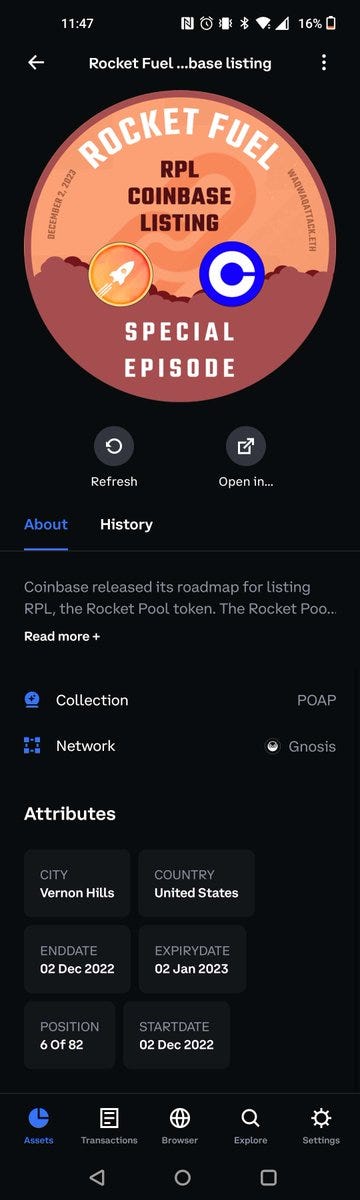 A screenshot from the Coinbase Wallet app, with the POAP image at the top and metadata in the bottom half