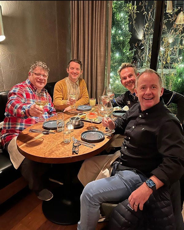 Recent photo of Elijah Wood, Sean Astin, Dominic Monaghan, and Billy Boyd sharing a meal