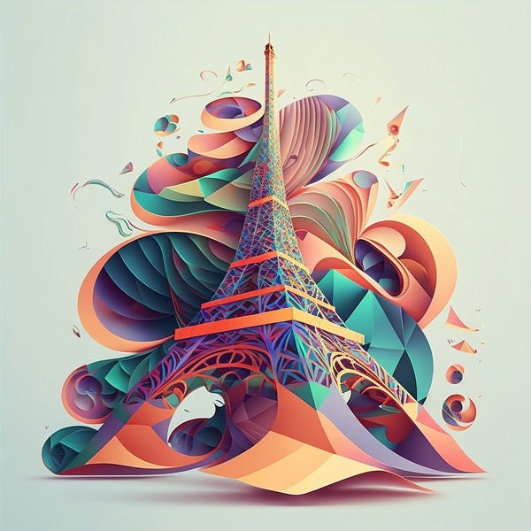 Eiffel Tower, heroic swirling infinite light, undulating geometry, curvilinear vector polygons, summer colour palette, intricate pen detailing