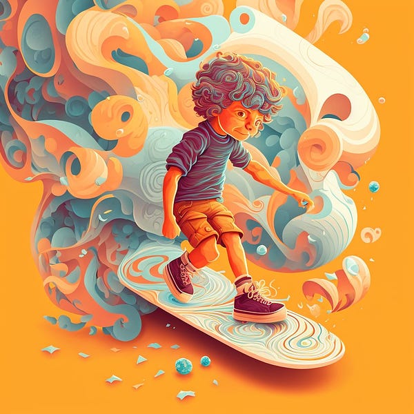 A cute boy character on a skateboard, heroic swirling infinite light, undulating geometry, curvilinear vector polygons, summer colour palette, intricate pen detailing