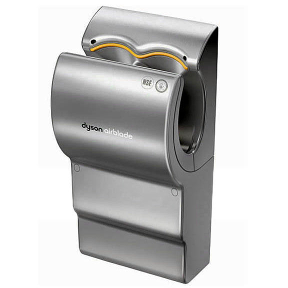 A gray Dyson Airblade hand dryer designed for the user’s hands to enter a thin slot at the top for their hands to be dried