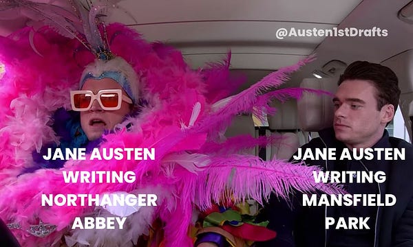 Taron Egerton in a flamboyant pink feathered Elton John outfit sits next to Richard Madden, conservatively dressed in all black. Over Taron it reads “Jane Austen writing Northanger Abbey” and over Richard it reads “Jane Austen writing Mansfield Park.”