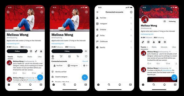 four iOS design concepts from 2021 showing potential modifications to Twitter's profile page (specifically what adding 'connected accounts' functionality might look like)