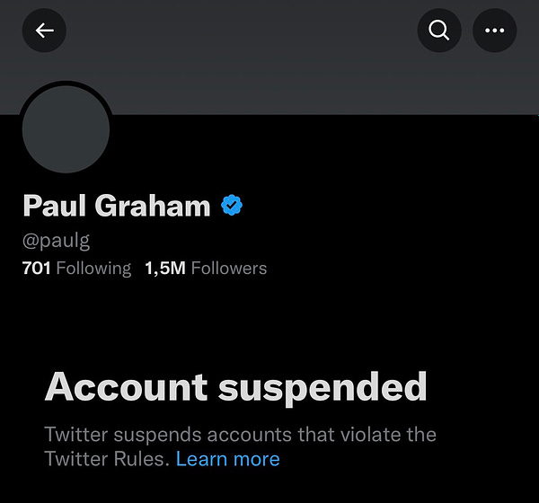 Screenshot of Paul Graham’s account suspended
