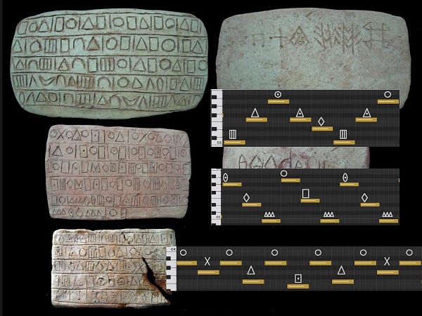 photo of the Geometric tablets with screenshots of musical sequences superimposed 