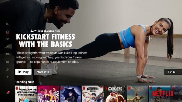 Netflix screen showing Nike workout video called Kickstart Fitness with the Basics. Photo via Variety, Courtesy of Netflix.
