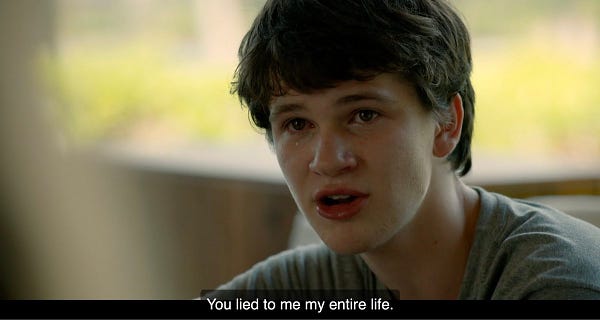 Screenshot of the show The Mosquito Coast on Apple TV+, showing a closeup shot of Charlie saying « You lied to me my entire life ».