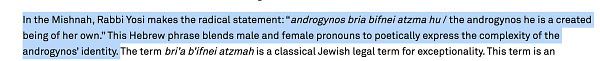 Passage, lifted and uncredited by Rossi, that reads: "In the Mishnah, Rabbi Yosi makes the radical statement: “androgynos bria bifnei atzma hu / the androgynos he is a created being of her own.” This Hebrew phrase blends male and female pronouns to poetically express the complexity of the androgynos’ identity." -- again from the same essay published on https://www.keshetonline.org/resources/created-by-the-hand-of-heaven-a-jewish-approach-to-intersexuality-parashat-tazria-and-parashat-metzora/