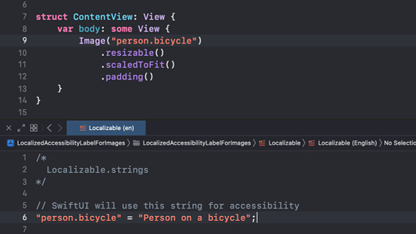 Screenshot of Xcode with a SwiftUI Image view that shows the image named "person.bicycle" and a Localizable.strings file where the image name maps to a "Person on a bicycle" string