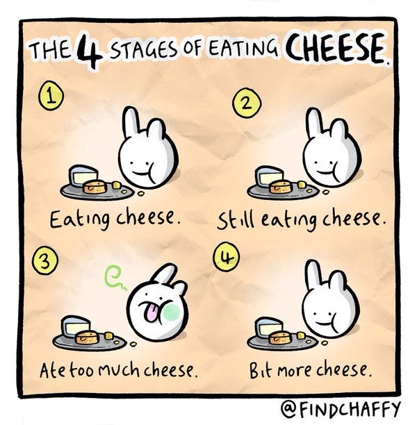 The four stages of eating cheese: Cheese, cheese, TOO MUCH CHEESE, more cheese.