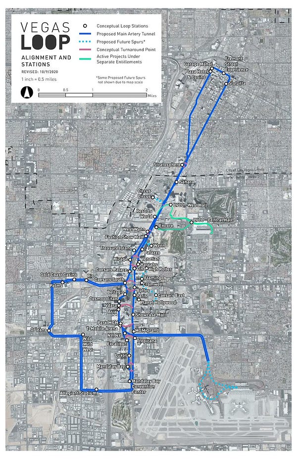 A map of the "Vegas Loop" system proposed for Las Vegas with multiple alignments and about 50 stations as dots up and down the Strip, including stations throughout the casinos on the Strip, all the way to downtown Vegas, the football stadium, and out to the airport