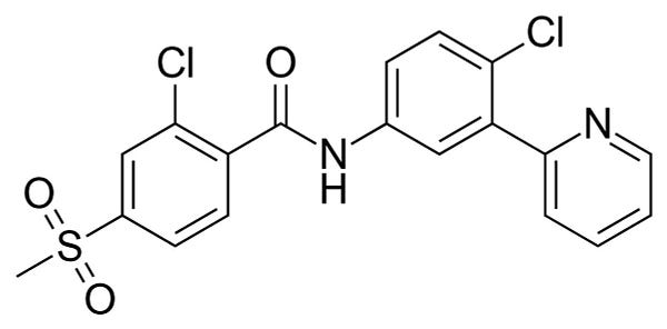 Chemical structure of vismodegib, IUPAC name: 2-Chloro-N-(4-chloro-3-pyridin-2-ylphenyl)-4-methylsulfonylbenzamide
