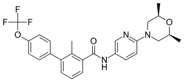 Chemical structure of sonidegib; IUPAC name: N-[6-[(2S,6R)-2,6-Dimethylmorpholin-4-yl]pyridin-3-yl]-2-methyl-3-[4-(trifluoromethoxy)phenyl]benzamide