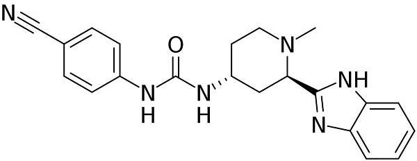 Chemical structure of gladegib; IUPAC name 1-[(2R,4R)-2-(1H-Benzimidazol-2-yl)-1-methyl-4-piperidinyl]-3-(4-cyanophenyl)urea