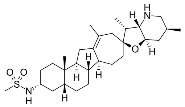 Chemical structure of saridegib; IUPAC name N-[(2S,3R,3′R,3aS,4′aR,6S,6′aR,6′bS,7aR,12′aS,12′bS)-3,6,11′,12′b-Tetramethyl-2′,3′,3a,4,4′,4′a,5,5′,6,6′,6′a,6′b,7,7′,7a,8′,10′,12′,12′a,12′b-icosahydro-1′H,3H-spiro[furo[3,2-b]pyridine-2,9′-naphtho[2,1-a]azulen]-3′-yl]methanesulfonamide