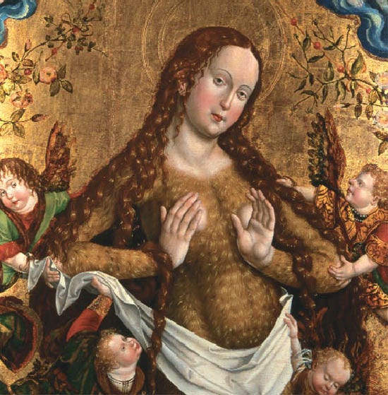Depiction of a red-haired woman covered in body hair aside from her hands and breasts. She is cupping her breasts.