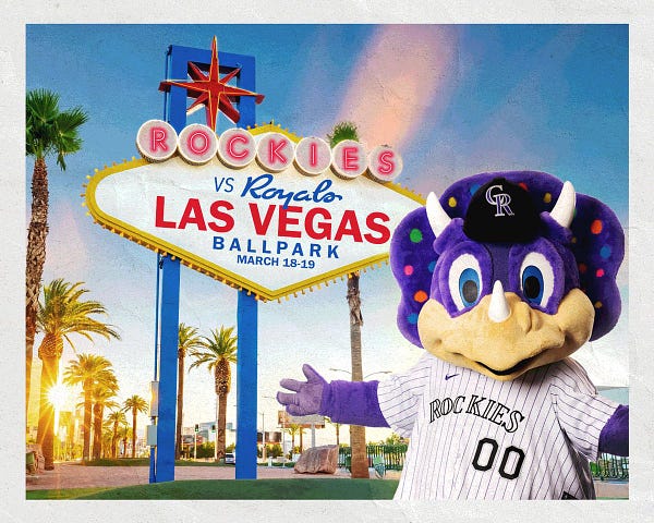 Graphic of Dinger posing in front of the Las Vegas sign which reads: Rockies vs Royals, Las Vegas Ballpark March 18-19