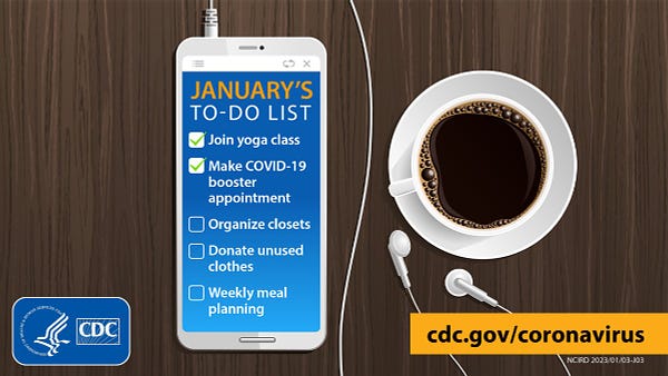 Image of a cup of coffee with a cellphone screen displaying January to-do list with join yoga class, make COVID-19 booster appointment, organize closets, donate unused clothes and weekly meal planning with text overlay cdc.gov/coronavirus. Graphic is branded with CDC and HHS logos.