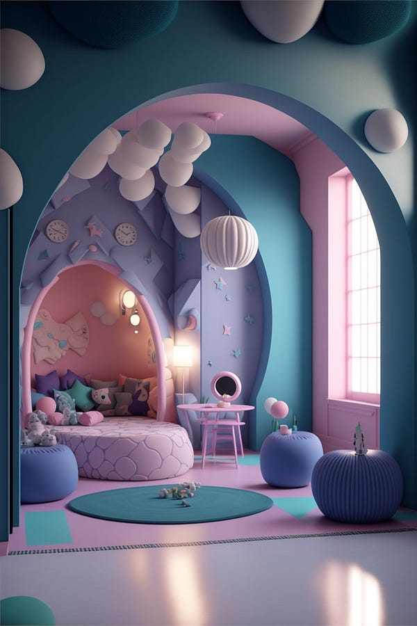 Home design, Kids Room, Interior Design in the style of a geometric, polymorph, Cutest vibe, colorful, magical, whimsical, surreal, fantasy, detailed, complex, polished, 8k, Octane Render, Unreal Engine, Realistic, Abstract --v 4 --q 2 --ar 2:3