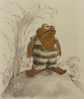 toad from "frog and toad" wearing a silly striped jumpsuit 