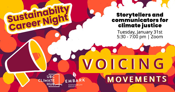 A speaker phone creates white bubbles over a red, yellow and orange background. Text reads Sustainability Career Night Voicing Movements Storytellers and communicators for climate justice Tuesday, January 31st 5:30 to 7 pm Zoom. Embark Sustainability and the UBC Climate Hub logos sit at the bottom of the graphic.