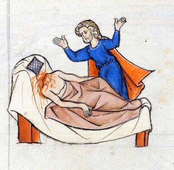 a medieval drawing showing a decapitated body lying on a bed. over the body stands a man who has his arms thrown out and a sad expression on his face.