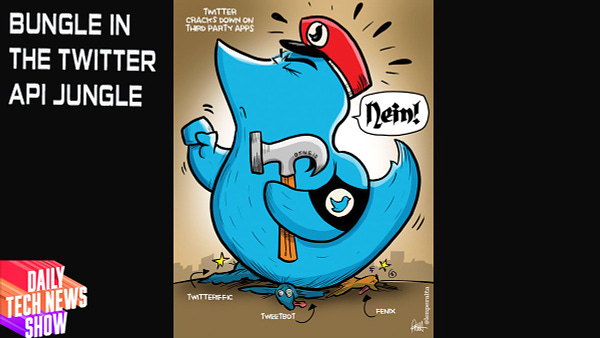 "BUNGLE IN THE TWITTER API JUNGLE" in white text on black background in the top left corner, artwork from Len Peralta in the center based on the tech story about Twitter, the DTNS logo in the bottom left corner.