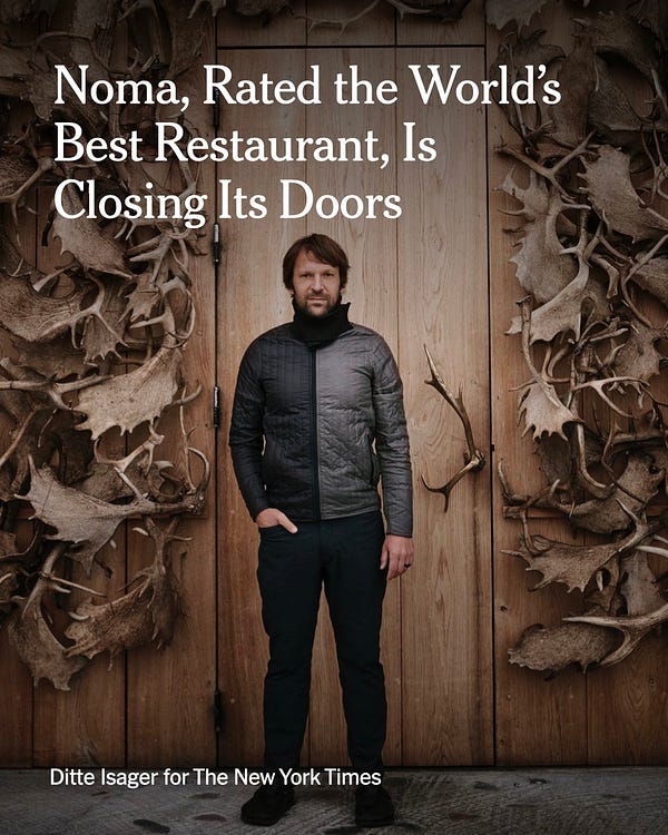 The chef René Redzepi, the creator of Noma, stands in front of a wooden doorway decorated with antlers. Text reads: "Noma, rated the world's best restaurant, is closing its doors." Photo by Ditte Isager for The New York Times.
