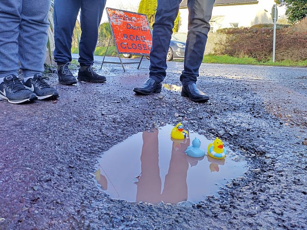 Rubber ducks in a pothole in Kilcully.