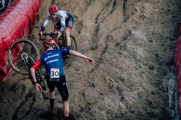 Pim Ronhaar avoids another rider after a crash at Zonhoven.