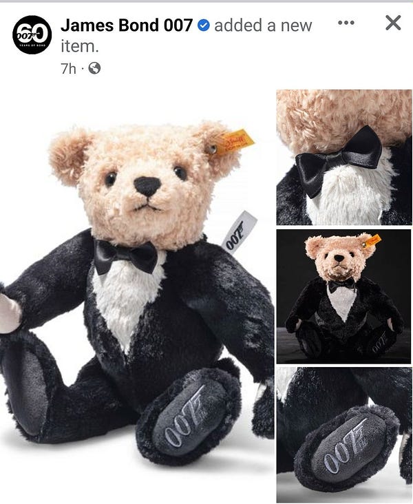 A Facebook post from the James Bond 007 account advertising a stuffed bear with fur that looks like a tuxedo