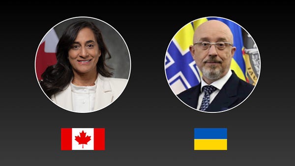Portraits of the Canadian and Ukrainian Defence Ministers with the flags of their respective countries on a grey background.