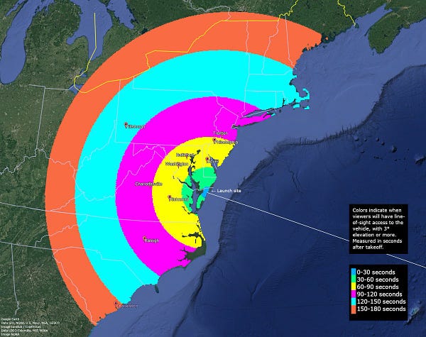 Map of the East Coast region. The land is green and the ocean is dark blue. Visibility area for viewers with a line-of-sight 150-180 seconds after launch is an orange semi-circle reaching from New England through Ohio and to South Carolina. Visibility from 120-150 seconds is indicated by an aqua semi-circle from Massachuseets to North Carolina. Visibility from 90-120 seconds is indicated by a bright pink semi-circle from New Jersey to the central North Carolina. Visibility from 60-90 seconds is indicated by a bright yellow semi-circle from southern New Jersey to northern North Carolina. Cities pinned inside this semi-circle are Richmond, Washington, Dover, Baltimore, and Philadelphia. A smaller, bright green semi-circle on the coast between Richmond and Dover that indicates line-of-sight viewing from 30-60 seconds after launch. Innermost part of the semi-circle is blue and labeled the “launch site" and is 0-30 seconds after launch.