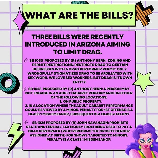 WHAT ARE THE BILLS?
THREE BILLS WERE RECENTLY
INTRODUCED IN ARIZONA AIMING
TO LIMIT DRAG.
A SB 1030 PROPOSED BY (R) ANTHONY KERN: ZONING AND PERMIT RESTRICTIONS. RESTRICTS DRAG TO CERTAIN BUSINESSES WITH A DRAG PERFORMER PERMIT ONLY.
WRONGFULLY STIGMATIZES DRAG TO BE AFDILIATED WITH SEX WORK. WE LOVE SEX WORKERS, BUT DRAG IS ITS OWN ENTITY.
A SB 1028 PROPOSED BY (R) ANTHONY KERN: A PERSON MAY NOT ENGAGE IN AN ADULT CABARET PERFORMANCE IN EITHER
OF THE FOLLOWING LOCATIONS:
1. ON PUBLIC PROPERTY.
2. IN A LOCATION WHERE THE ADULT CABARET PERFORMANCE COULD BE VIEWED BY A MINOR. PENALTY FOR 1ST OFFENSE IS A CLASS 1 MISDEMEANOR, SUBSEQUENT IS A CLASS 6 FELONY
SB 1026 PROPOSED BY (R) JOHN KAVANAGH: PROHIBITS
STATE AND FEDERAL TAX MONEY FROM BEING USED TO PAY A DRAG PERFORMER (WHO PERFORMS THE OPOSITE GENDER ASSIGNED AT BIRTH) FOR SHOWS TARGETED TO MINORS.
PENALTY IS A CLASS 1 MISDEMEANOR