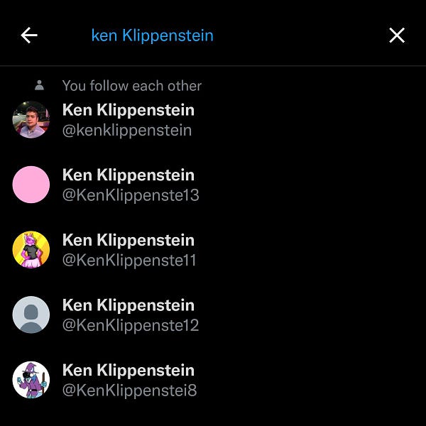 Search results for "Ken Klippenstein" on my account where I follow Ken