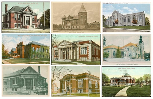 Collage of old postcards of picturesque libraries