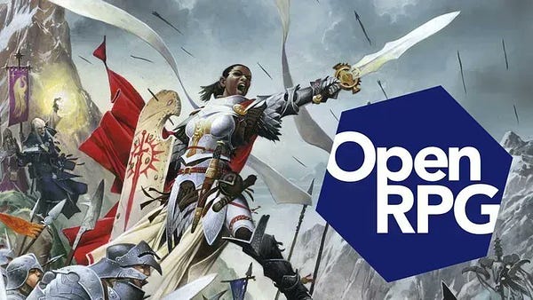 Open RPG logo over-layed over an image of pathfinder champion Seelah leading a battle