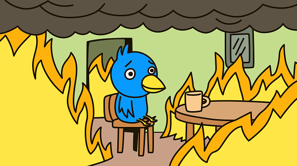 Twitterrific's mascot, Ollie the bluebird, sits at a table sipping tea, surrounded by flames and smoke
