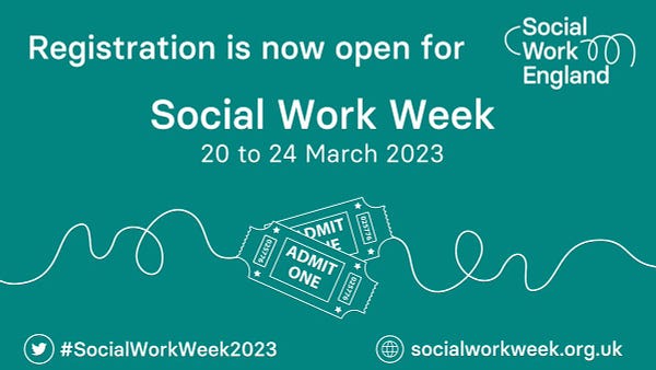 White text on a teal background. Registration is now open for Social Work Week 2023, 20 to 24 March. 