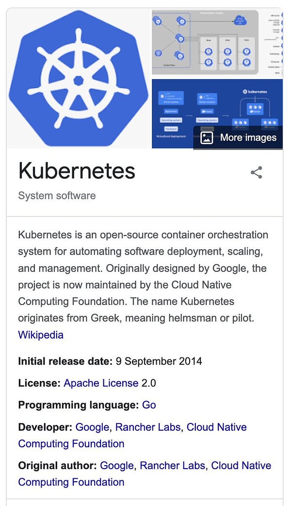A screenshot of the Google knowledge box for Kubernetes, suggesting the "developer" and "original author" was "Google, Rancher Labs, Cloud Native Computing Foundation"