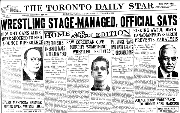 Toronto Star front page with headline: "Wrestling Stage-Managed, Official Says"