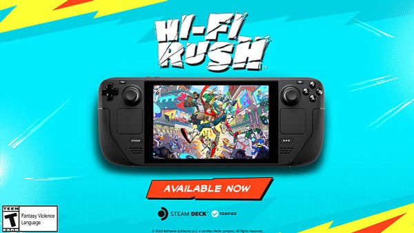 
An image of Hi-Fi RUSH on the Steam Deck, with the words, "Available Now" at the bottom.
